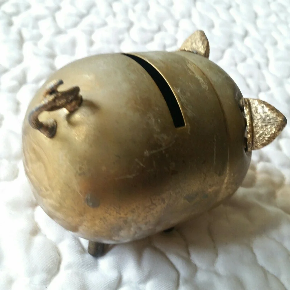 Vintage Brass Pig Shaped Piggy Coin Bank W/Jeweled Eyes Nostrils Curly Tail